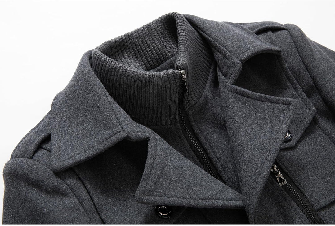 Dunkelgrauer Wollmantel mit Reißverschluss und Stehkragen, Herrenmode, Winterjacke.