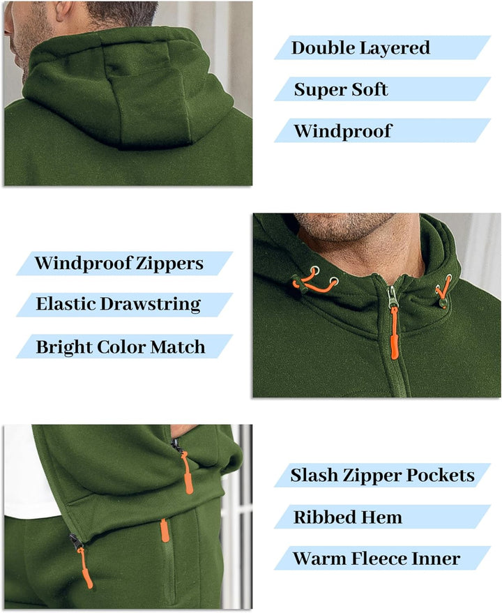Grüne Kapuzenjacke, winddicht, doppellagig, Reißverschlusstaschen, elastischer Kordelzug.