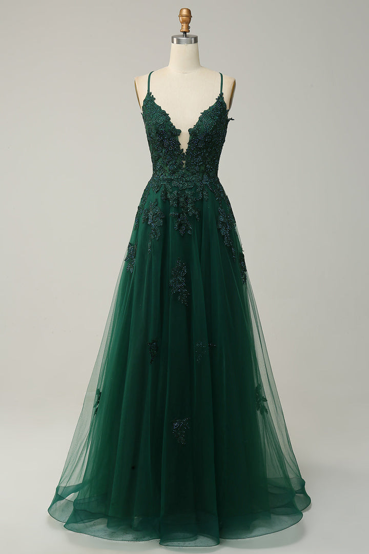 Dunkelgrünes Abendkleid aus Tüll mit Spitzenapplikationen, elegantes Ballkleid für besondere Anlässe.