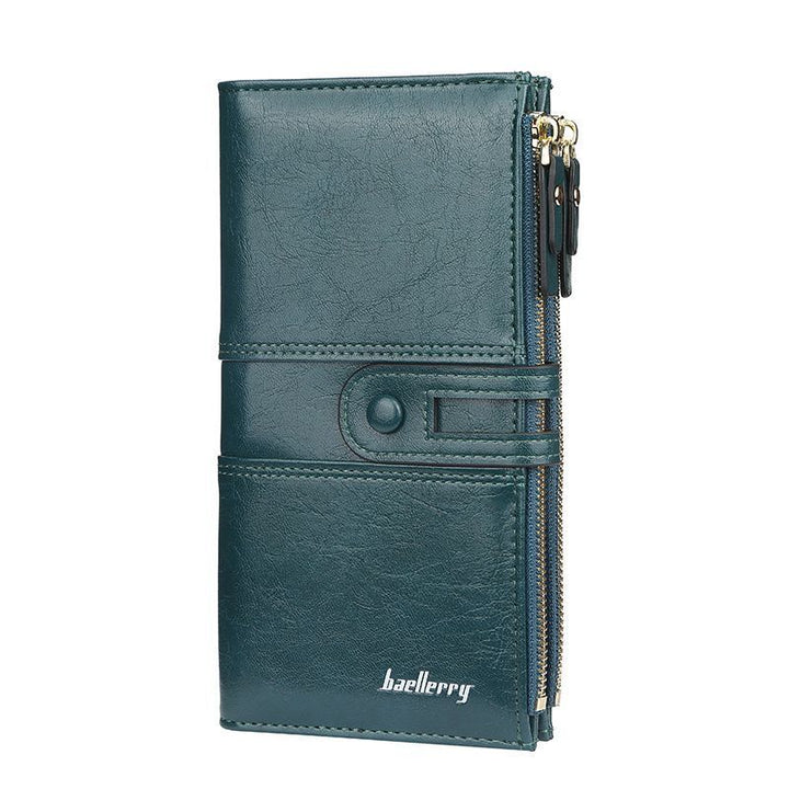 Dunkelgrüne Leder-Geldbörse mit Reißverschluss, elegantes Design, Damen-Portemonnaie.