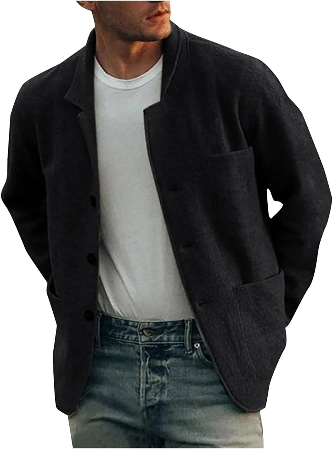 Dunkle Herrenjacke aus Wolle, lässig, mit Knöpfen, große Taschen, modisch, bequem.