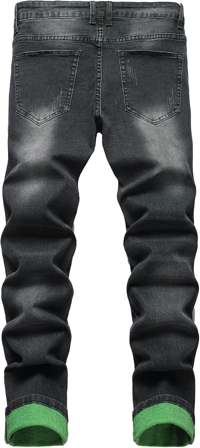 Schwarze Herrenjeans, Slim Fit, mit grünen Umschlägen, modisch, robust, bequem.