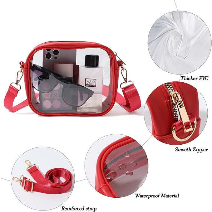 Rote transparente PVC-Tasche mit Reißverschluss, verstellbarem Gurt, ideal für Reisen.