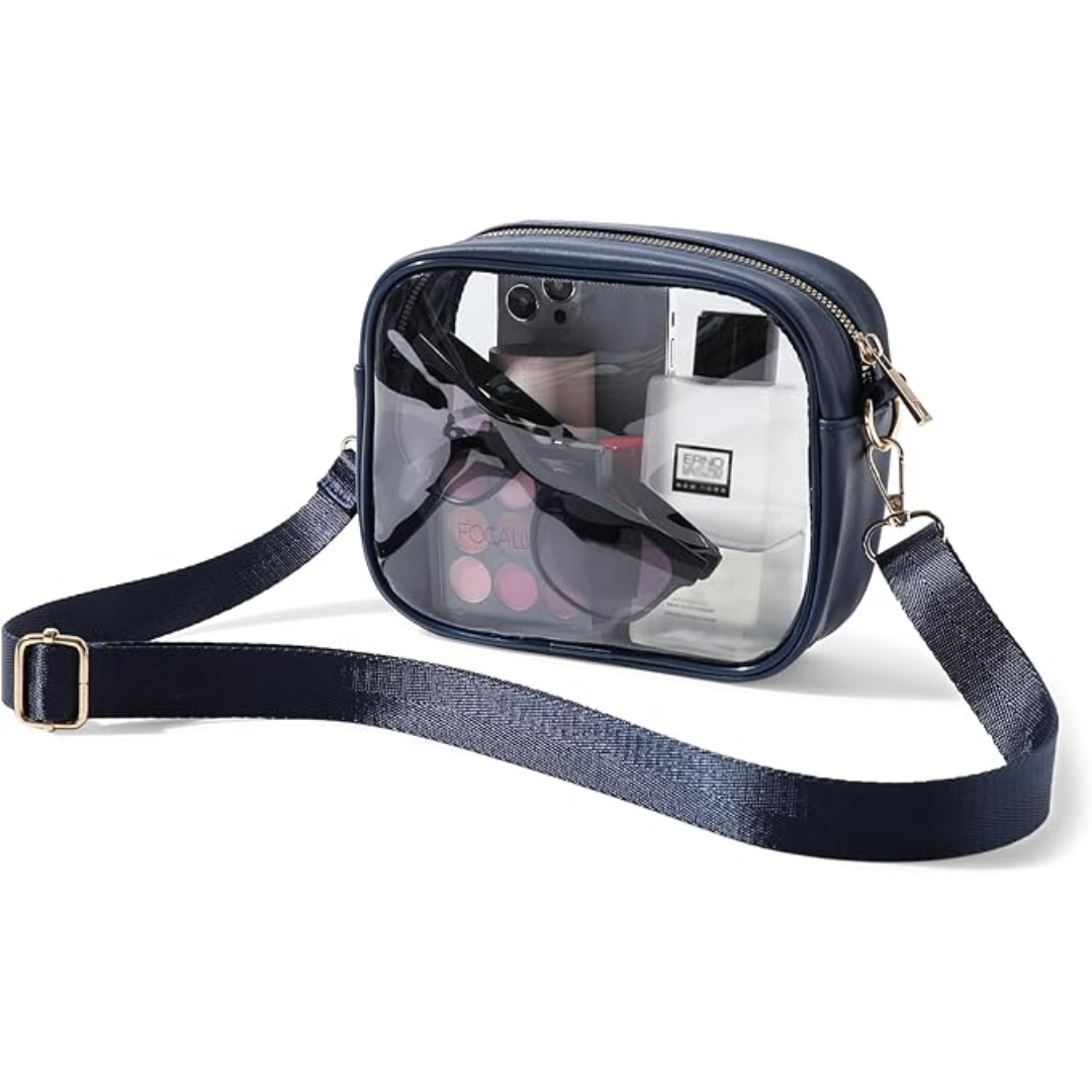 Dunkelblaue transparente Kosmetiktasche mit Schultergurt, ideal für Reisen und Make-up-Aufbewahrung.
