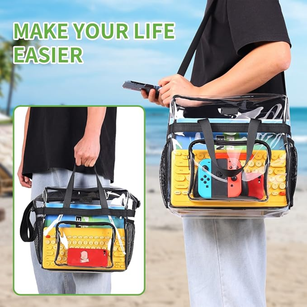 Klarer PVC-Rucksack mit schwarzen Riemen, ideal für Strand und Reisen, transparent.