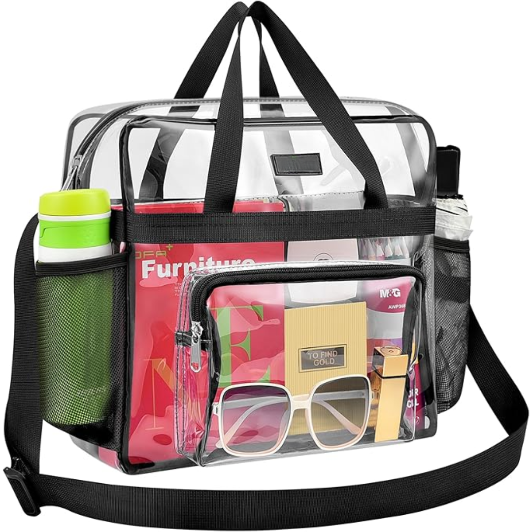 Transparente PVC-Tasche mit schwarzen Trägern, ideal für Reisen, Stadionbesuche, Konzerte.