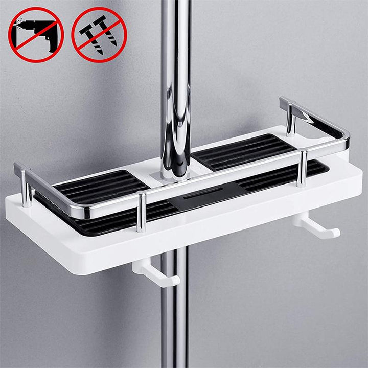 Duschablage ohne Bohren, weiß, Kunststoff, verstellbar, mit Haken, modernes Design, Badezimmer.
