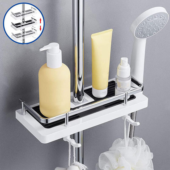 Duschablage verstellbar, weiß, mit Shampoo, Duschgel, Seifenspender, ideal für Badezimmerorganisation.