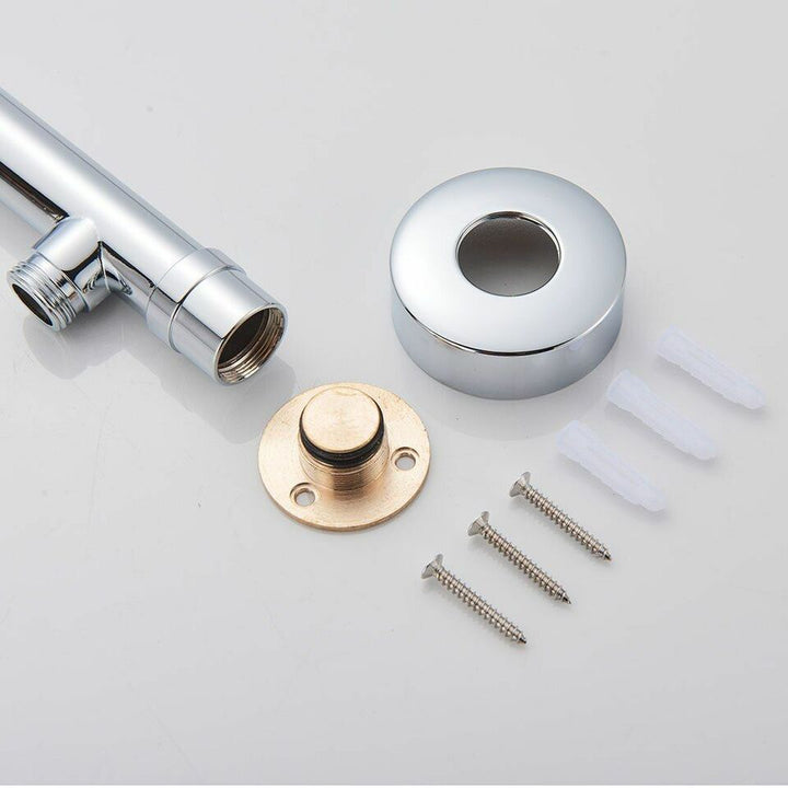 Chrom Duscharmatur Set mit Wandhalterung, Schrauben und Dübel, modernes Badzubehör.