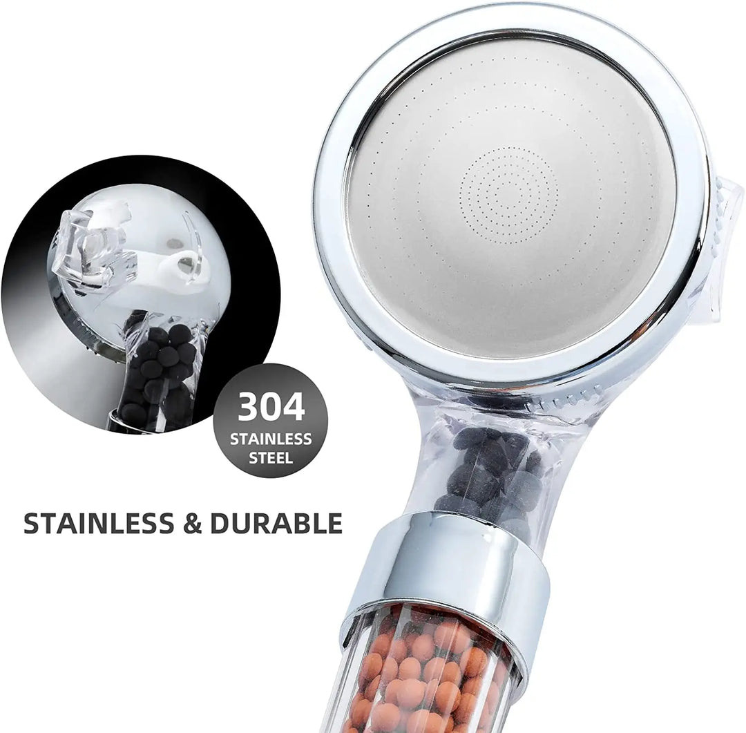 Duschkopf Edelstahl 304, langlebig, transparent, mit Mineralperlen, Wassersparfunktion.