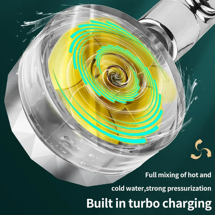 Duschkopf mit Turbolader, transparent, gelbe Spirale, Wasserdruckverstärkung, modern.