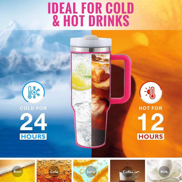 Thermobecher mit Henkel, pink, für heiße und kalte Getränke, hält 24h kalt, 12h heiß.