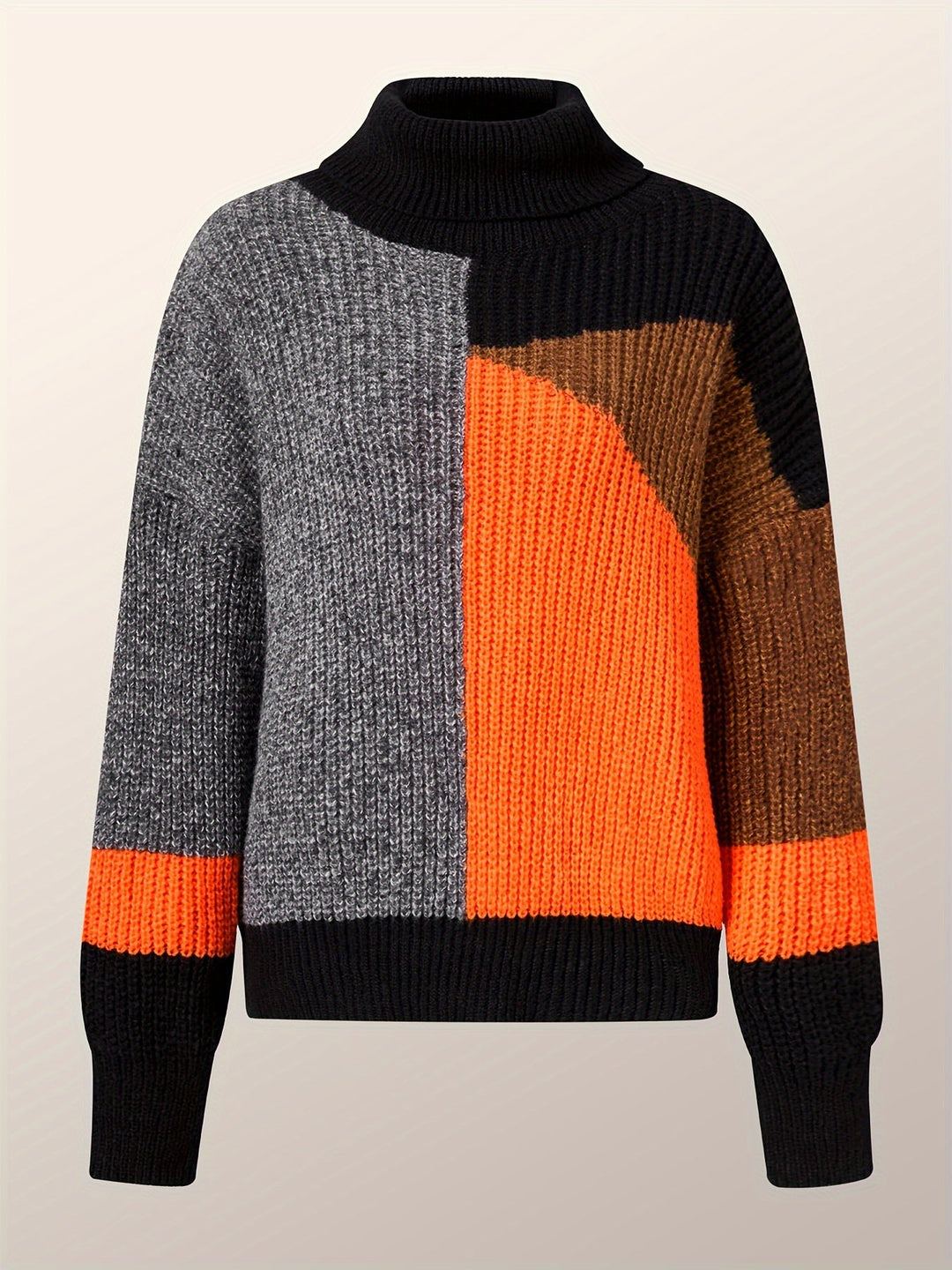Damenpullover, Rollkragen, mehrfarbig, Strick, schwarz-grau-orange, Herbstmode, warm, stylisch