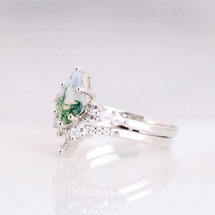 Silberring mit Moosachat und Zirkonia, elegantes Design, Damen-Schmuck, Verlobungsring.