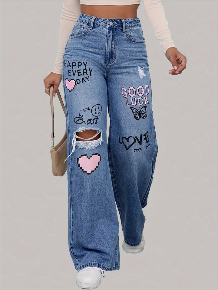 Damen-Jeans mit Aufnähern, blauer Denim, weites Bein, Streetwear, modisch, lässig.