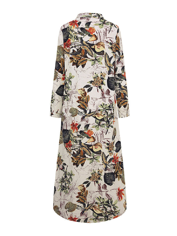 Langes Damenkleid mit floralem Muster, Herbstfarben, Baumwolle, elegantes Design.