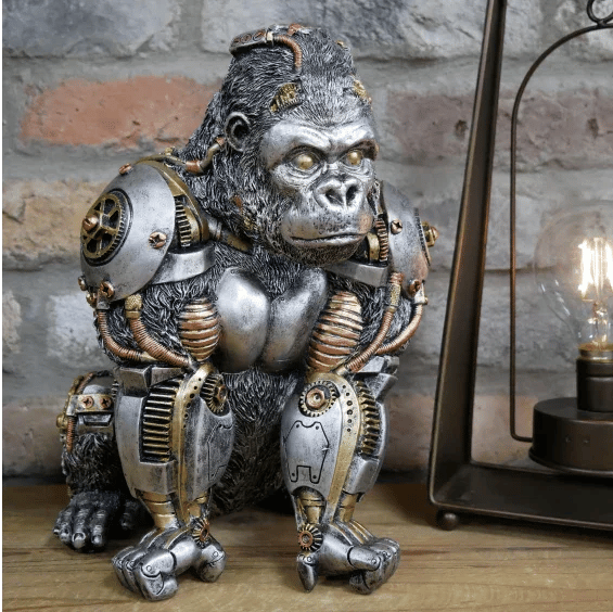 Roboter-Gorilla-Statue aus Metall, silberfarben, industrielles Design, Dekofigur, Steampunk-Stil.