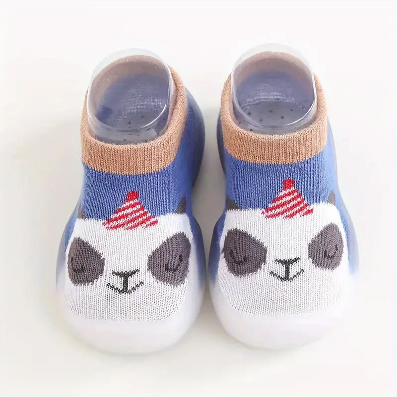 Baby-Socken mit Panda-Motiv, blau und beige, rutschfest, Baumwolle, für Kleinkinder.