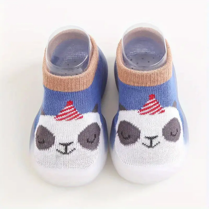 Baby-Socken mit Panda-Motiv, blau und beige, rutschfest, Baumwolle, für Kleinkinder.
