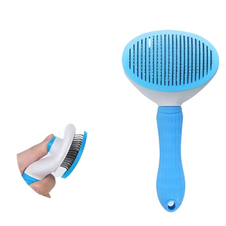 Blaue Haustierbürste mit ergonomischem Griff, ideal für Fellpflege von Hunden und Katzen.