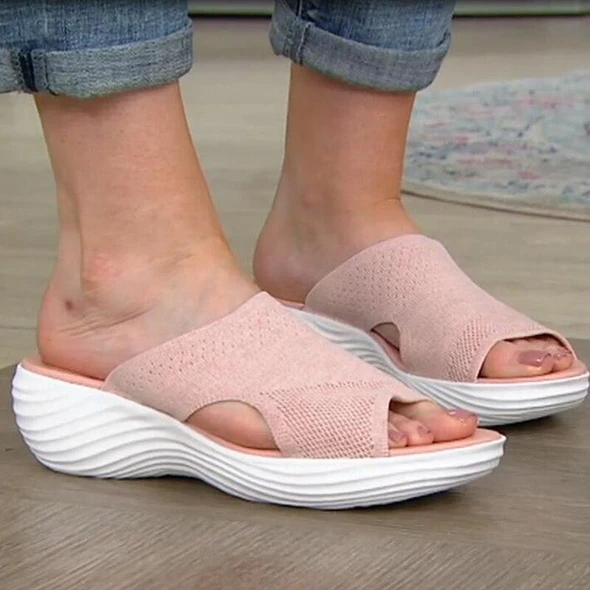 Damen-Sandalen rosa, Strickmaterial, weiße Sohle, bequem, Sommermode, Freizeitkleidung