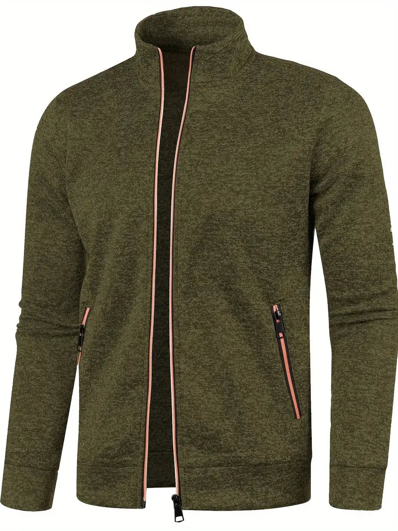 Olivgrüne Herrenjacke mit Reißverschluss, Stehkragen, Taschen, Freizeitmode, Baumwollmischung.