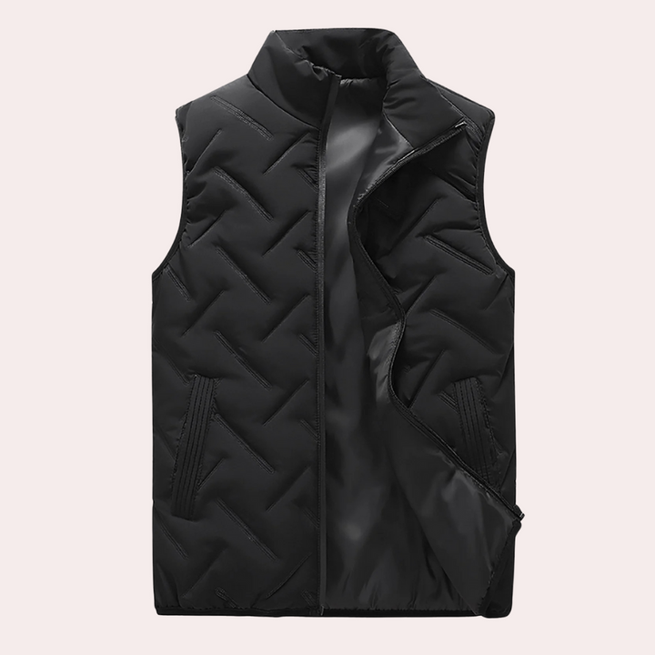 Schwarze Steppweste, ärmellos, Reißverschluss, Outdoor-Bekleidung, Herrenmode, Winterweste.