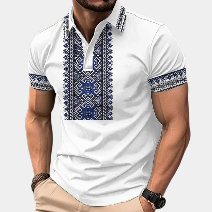 Männer T-Shirt weiß mit blauer Stickerei, Kurzarm, Baumwolle, traditionelles Design.
