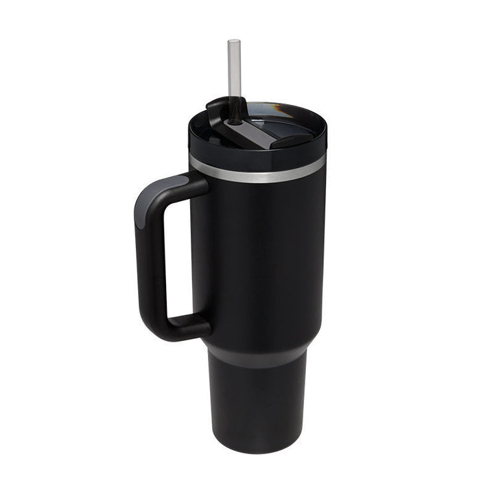 Schwarzer Thermobecher mit Henkel und Strohhalm, Edelstahl, isoliert, 1 Liter, für unterwegs.