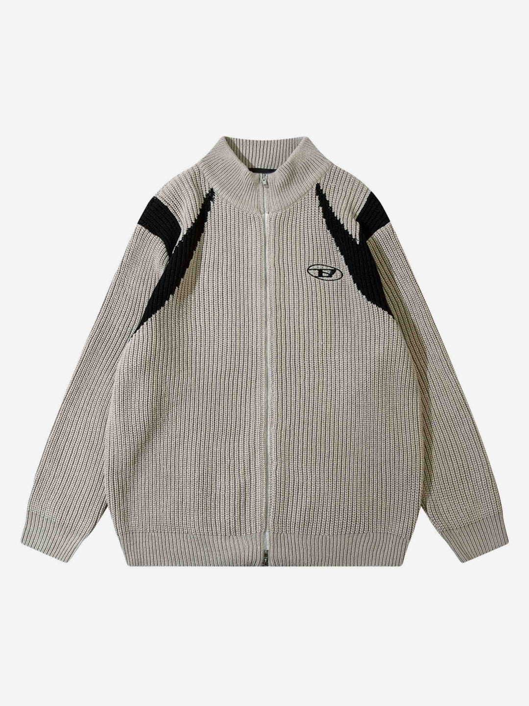 Grauer Strickpullover mit Reißverschluss, schwarzem Muster, Logo, Herrenmode, Winterbekleidung.