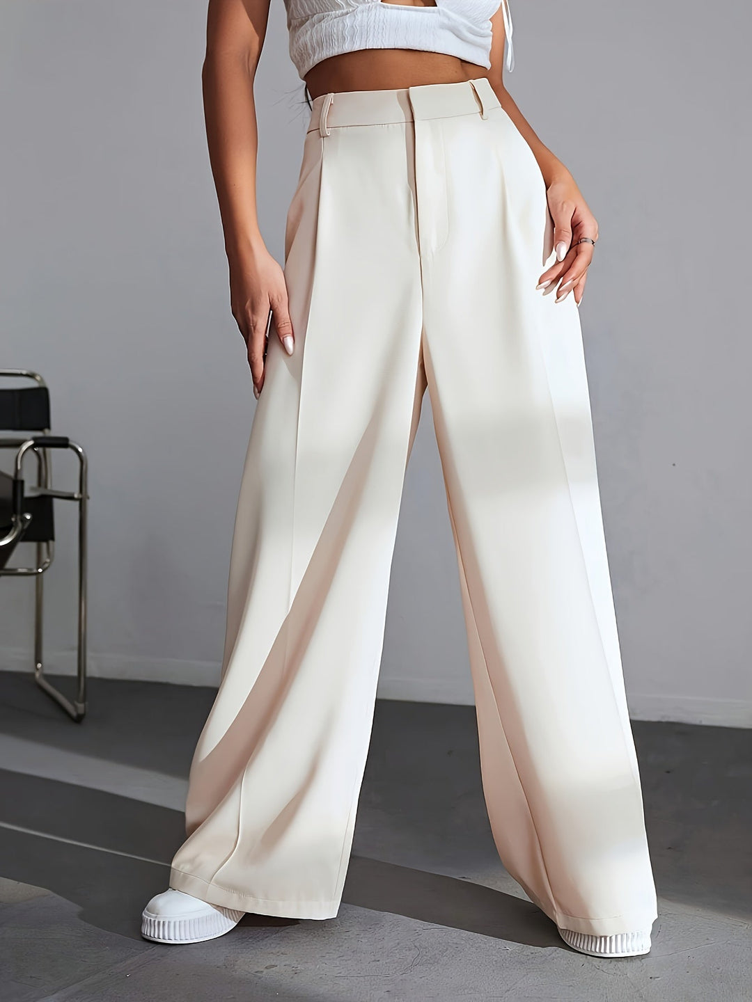 Damen weite cremefarbene Hose, elegant, hohe Taille, modisch, aus Polyester.