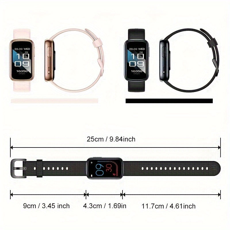 Smartwatch mit schwarzem Armband, rechteckiges Display, Fitness-Tracker, 25 cm Länge.