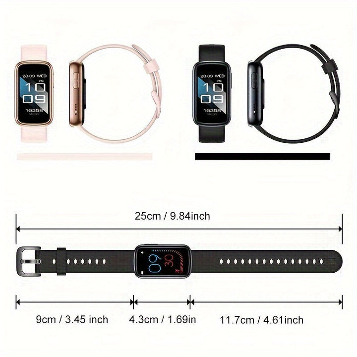 Smartwatch mit schwarzem Armband, rechteckiges Display, Fitness-Tracker, 25 cm Länge.