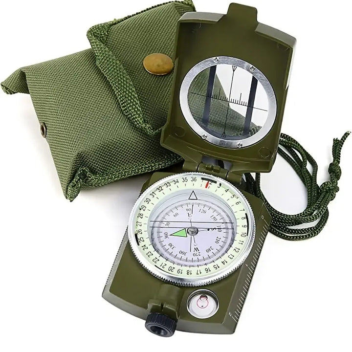 Grüner Militärkompass mit Tasche, Outdoor-Ausrüstung, präzise Navigation, robustes Design.