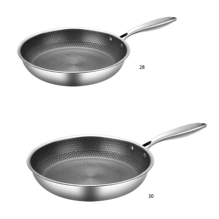 Zwei Edelstahl-Bratpfannen mit Antihaftbeschichtung, Größen 28 cm und 30 cm, silber.