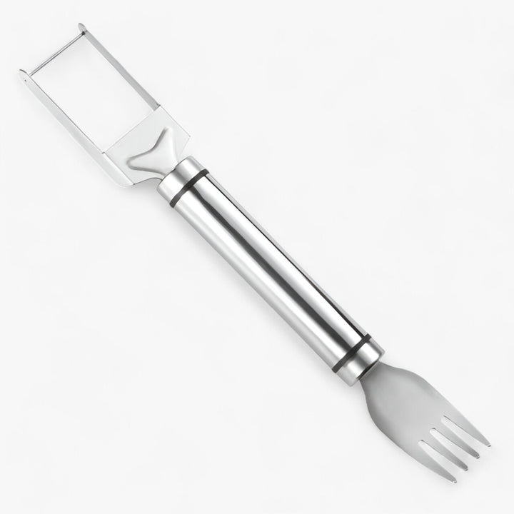 Edelstahl-Gemüseschäler mit ergonomischem Griff, silber, ideal für Küchenarbeiten.