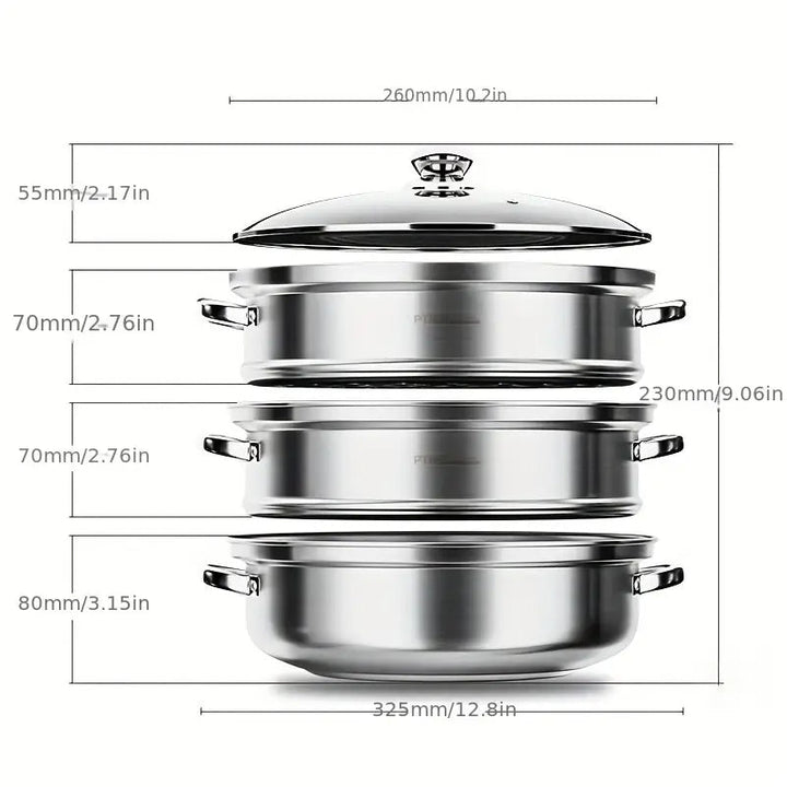 Edelstahl-Kochtopfset mit Deckel, stapelbar, Maße in Zoll, ideal für die Küche.