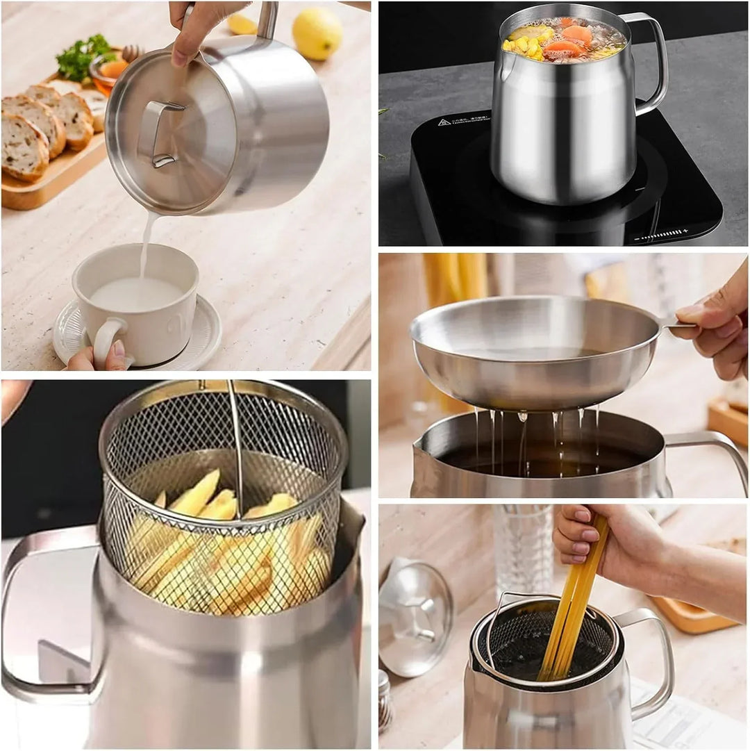 Edelstahl-Multifunktionskocher, ideal für Pasta, Suppe, Frittieren, mit Sieb und Deckel.