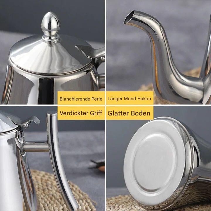 Silberne Edelstahl-Teekanne mit langem Ausguss, verdicktem Griff, glattem Boden.