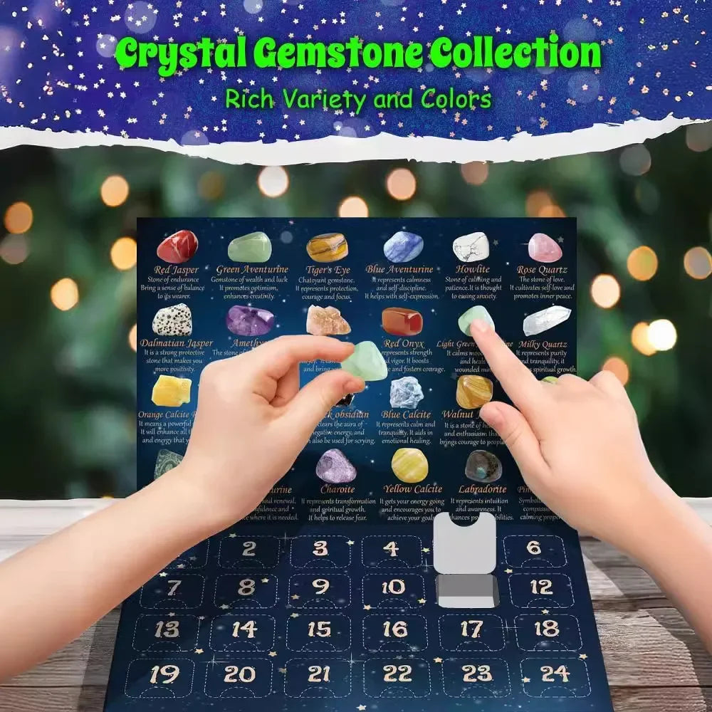 Hände öffnen Adventskalender mit Kristallen, Edelsteine, bunte Steine, Geschenk, Sammlung.
