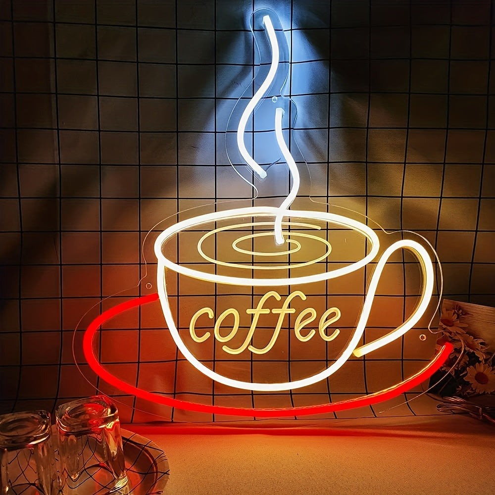 Leuchtendes LED-Neonschild Kaffeetasse, gelb-rot, dekorativ, Wanddekoration, Café-Dekor.