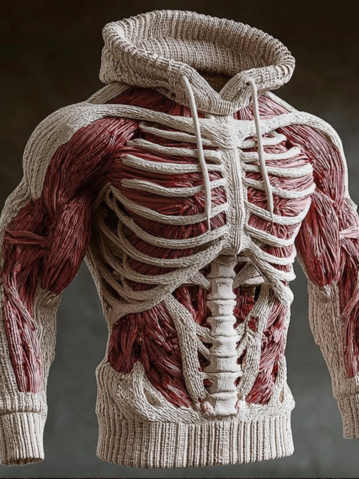 Světlá krémově bílá varianta pleteného svetru s kapucí, zblízka vidět struktura úpletu, 3D žebra, páteř a červené svaly. 5