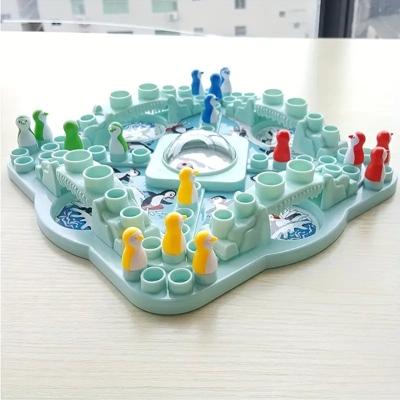 Spielbrett mit bunten Pinguinfiguren, Kunststoff, Lernspielzeug, Kinder, Tischspiel, grün.