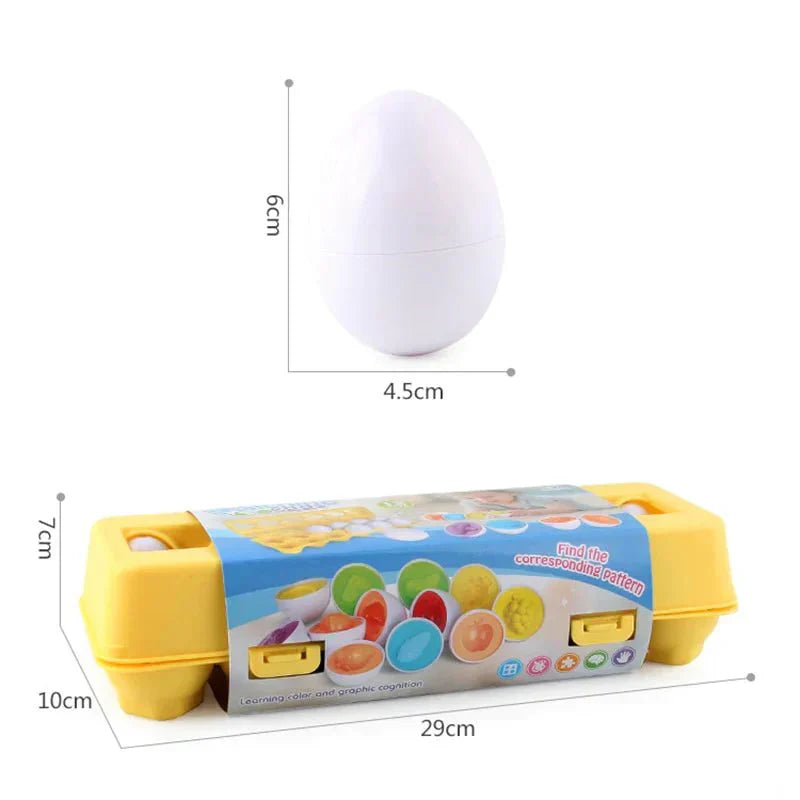 Gelbes Lernspielzeug-Eierkarton mit bunten Eiern, 29cm, für Farberkennung und Musterlernen.