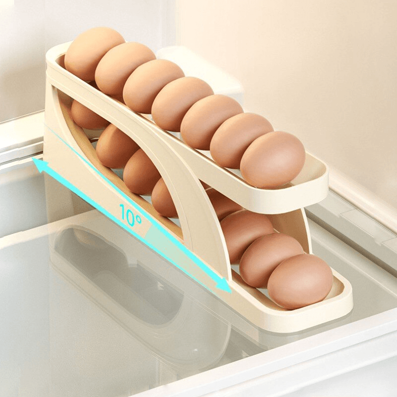 Eierhalter aus Kunststoff, zweistufig, beige, für Kühlschrank, platzsparend, automatisches Rollen.
