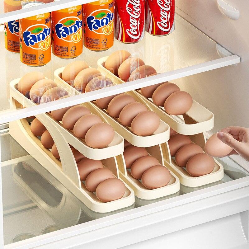 Eierhalter Kühlschrank, beige, stapelbar, automatischer Rollenhalter, platzsparend, Küche.