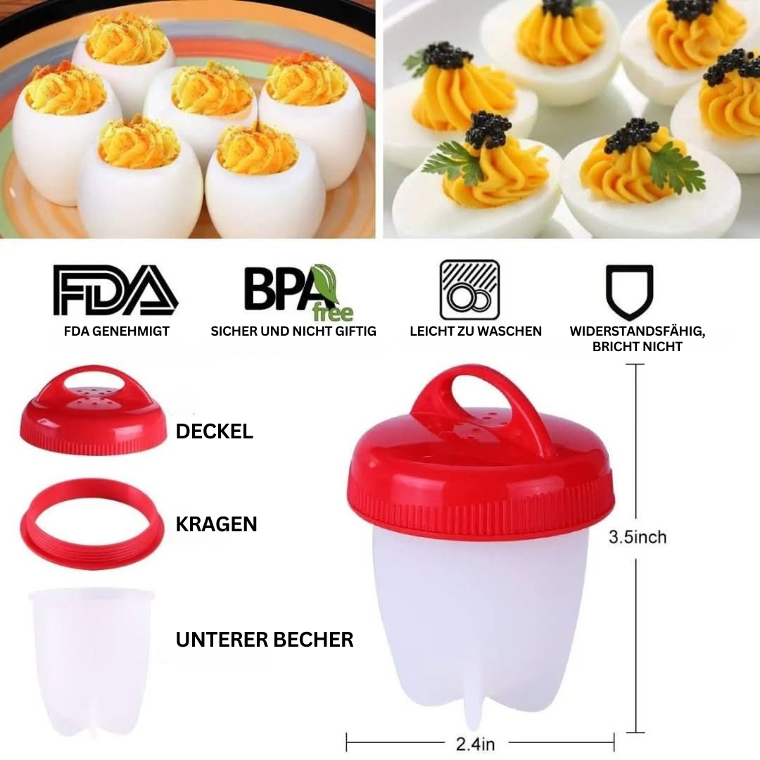 Eierkocher aus Silikon, BPA-frei, rot-weiß, spülmaschinenfest, FDA-zertifiziert.