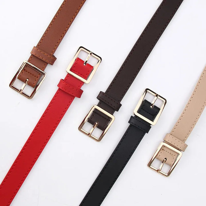 Vier Ledergürtel mit einfachen Metallschnallen in Rot, Braun, Schwarz und Beige.