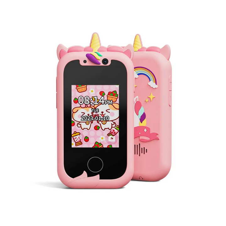 Rosa Kinder-Smartwatch mit Einhorn-Design, Touchscreen, Kamera, Lernspiele, GPS-Tracking.
