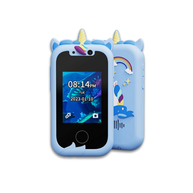 Blaue Einhorn-Kinder-Smartwatch mit Regenbogen-Design, Touchscreen, GPS, Kamera.